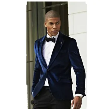 

2017 Navy Blue Velvet Fashion Men wedding Suits smoking Custom Made slim terno masculino Groom Party Prom mens suit Dress Tuxedo