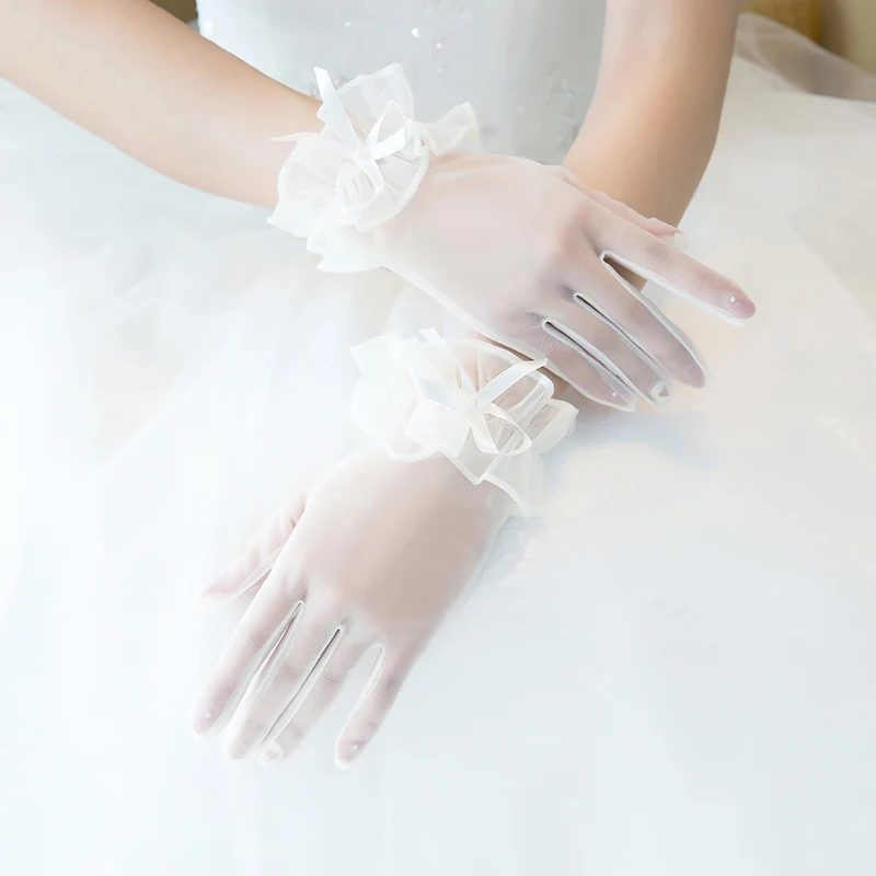 Белый Sheer Mesh невесты перчатки Свадебные аксессуары Полный палец наручные короткие принцесса перчатки женский костюм выступления