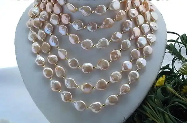 

Free shipping hot sale Women Bridal Wedding Jewelry >> 100"14mm coin pink freshwater pearl necklace