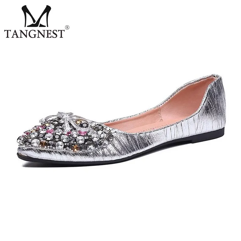 

Tangnest Luxury Crystal Women's Ballet Flats Fashion Pointed Toe Shallow Slip-on Flat Shoes Women Driving Shoes Black Sliver