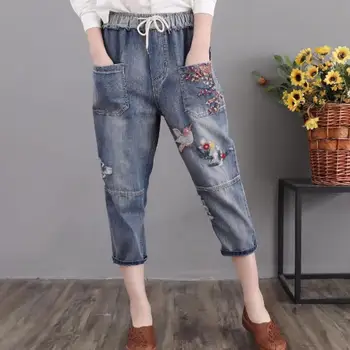 

Embroidery Jeans Women mid Waist Casual Loose Harem Denim Pants 2018 Fashion Vintage Summer Ripped Hole Jeans