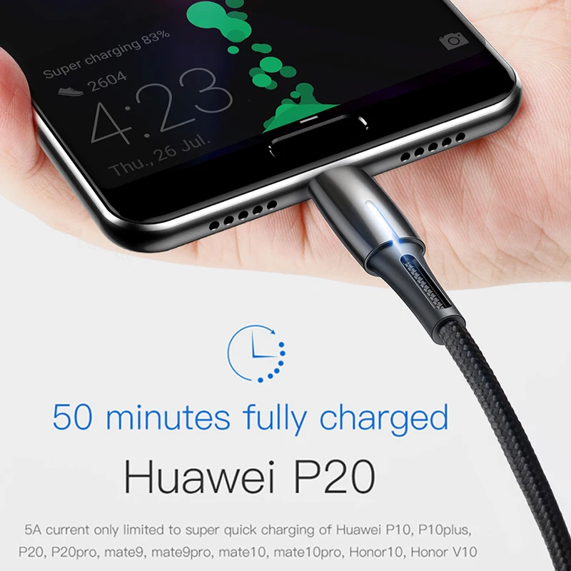 Кабель usb type-C Baseus 5A для huawei mate 30 Pro P30 Supercharge USB C Quick Charge 3,0 кабель для быстрой зарядки светодиодный кабель type USB-C