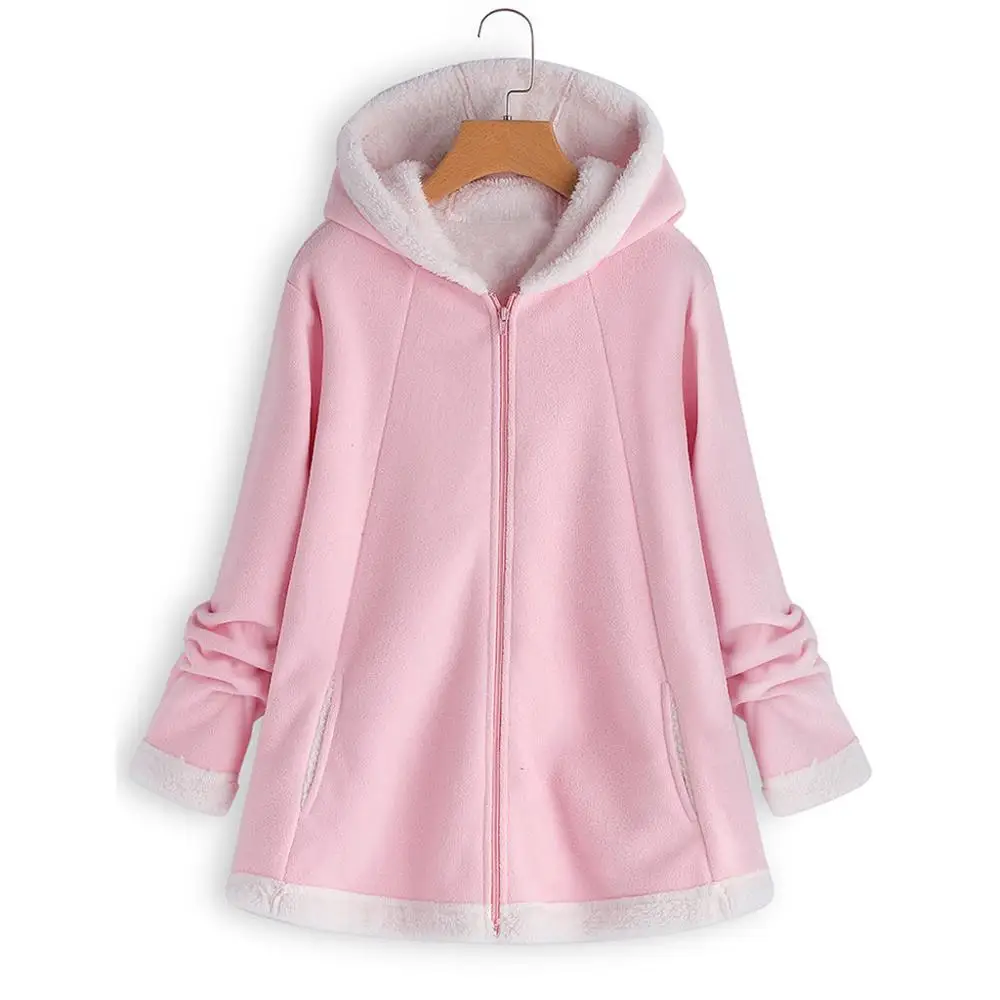 Женская модная зимняя плюшевая толстовка с капюшоном и карманами на молнии с длинным рукавом, женские зимние пальто и куртки, chaqueta mujer#35N21# F - Цвет: Розовый