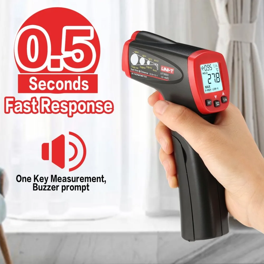 

UNI-T UT300S Non-contact Digital Infrared Thermometer Gun Handheld IR Temperature Tester Industrial Pyrometer -32~400 degree