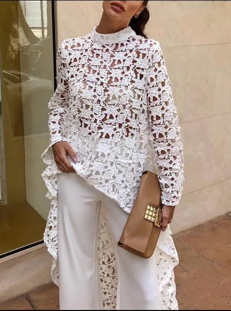 

Hollow out lace blouse women Long sleeve turtleneck white blouse shirt Runway long hem white pink tops femme spring FW195