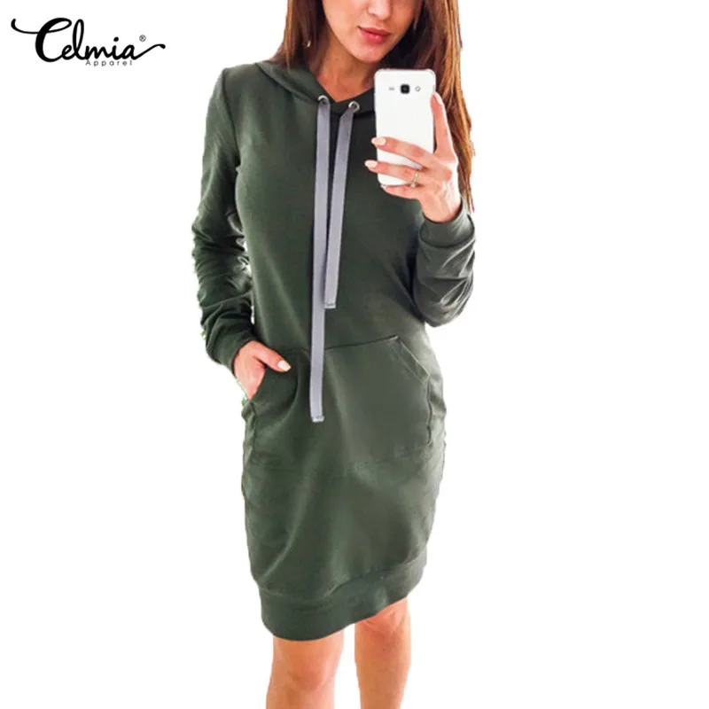 

Celmia Women Hoodie Dress 2019 Autumn Pullovers Hooded Tracksuit Mini Dresses Casual Drawstring Ladies Clothes Vestido Plus Size