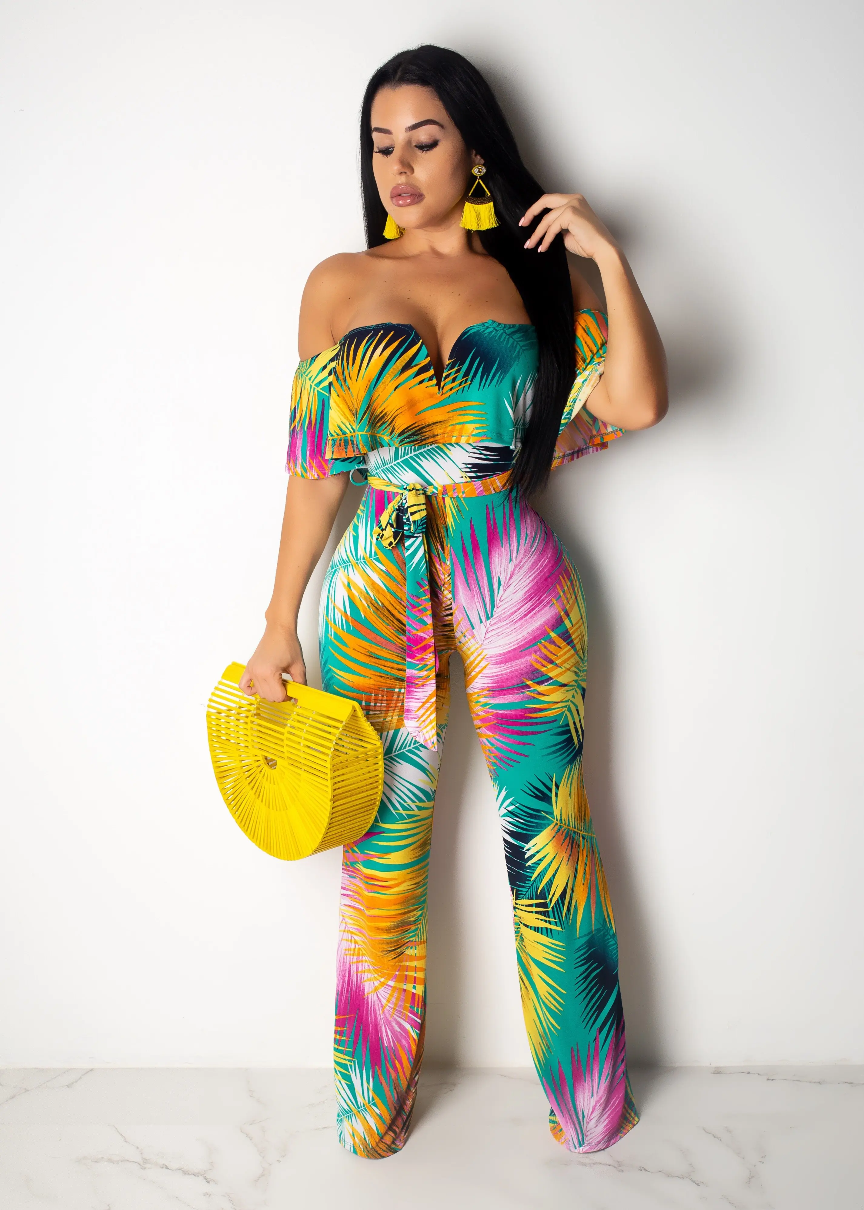 Boho Tropical Print Off Shoulder Ruffle Rompers Womens Beach Vacation Summer Playsuit 2019 Sexy Skinny Bodycon - Jumpsuits, Playsuits & Bodysuits - AliExpress