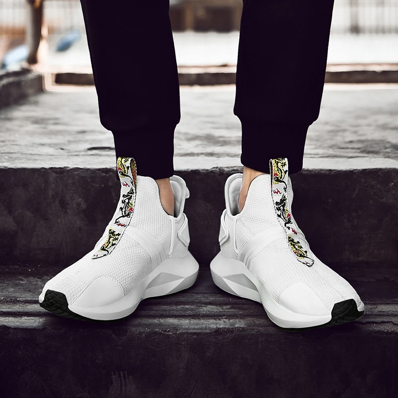 

New High Top Platform dad Sneakers Men mesh Stretch Dragon embroidery Shoes Men White Sneakers Thick Sole tenis masculino adulto