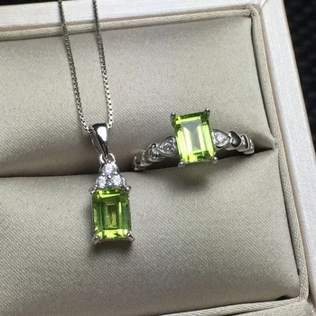 

[MeiBaPJ Fashion Natural Peridot Gemstone Ring and Necklace for Women Real 925 Sterling Silver Green Stone Fine Jewelry Set