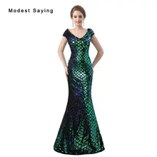 Nuevo Lujo Verde Sirena de Lentejuelas Vestidos de Noche 2018 con Sheer Volver Vestidos de Noche Largos Del Partido Prom Vestidos vestido de festa