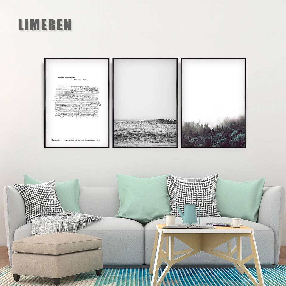 

Sheet music sea Forest Mountain Black and White Gray Nordic Simple Landscape Decoration Poster Wall Art Canvas Painting