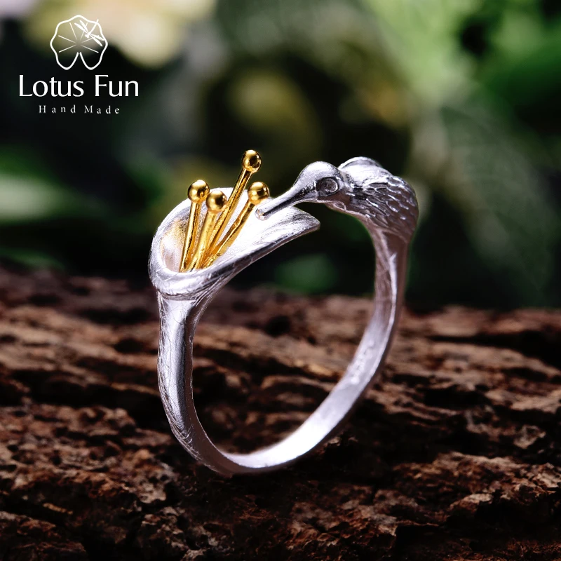 Lotus Fun, настоящее 925 пробы, серебряное кольцо с птицей, натуральный креативный дизайн, хорошее ювелирное изделие, регулируемые кольца с колибри для женщин, бижутерия