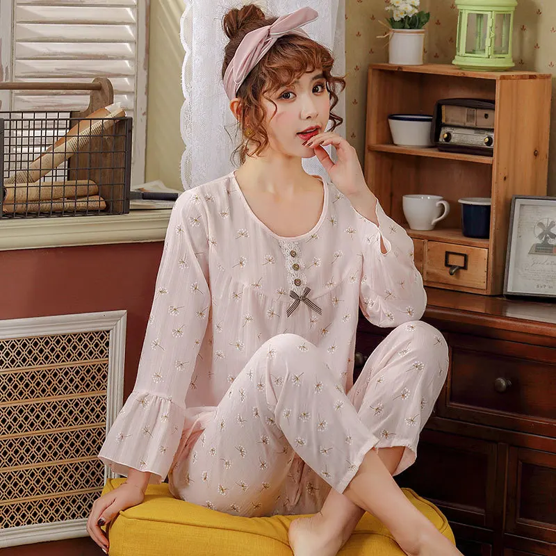 

QWEEK 2019 Comfortable Lounge Nightwear Women Fashion Print Nightwear Cotton Thin Homewear Women Simple Cute Sleepwear Two Piece