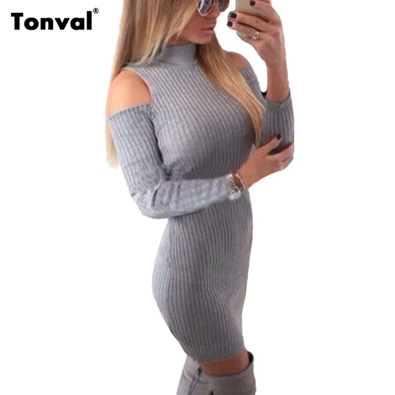 Tonval Off Shoulder Turtleneck Knitted font b Dress b font font b Women b font Autumn