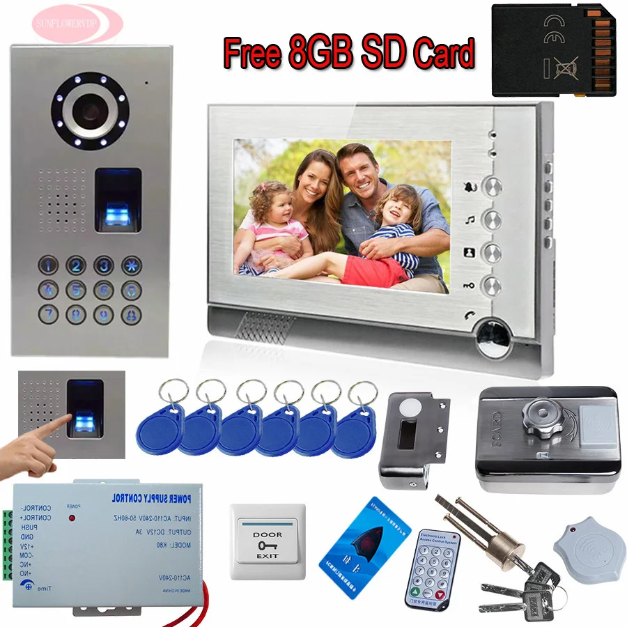 

SUNFLOWERVDP Video Intercom Home Door Phone Recording+8GB SD Card Doorbell System Fingerprint/Code Unlock For Rfid Door Lock Kit