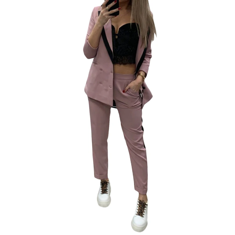 

MVGIRLRU Womans Blazer Double-Breasted Button Notched Collar Work Suits 2 Pieces Set Elegant Jacket & Elastic Waist Pant Suit