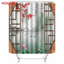 WONZOM Outdoor Lake Shower Curtain Fabric Bathroom Decor Decoration Cortina De Bano Polyester Bridge Lotus Bath Curtain Hooks