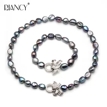 Жемчужный комплект ювелирного изделия с натуральным камнем пресноводный барочный жемчуг Ожерелье Браслеты наборы 9-10 мм черный чокер для женщин