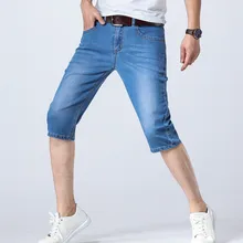 Летние брендовые эластичные тонкие высококачественные хлопковые мужские джинсы деним короткие мужские высотой до колена мягкие синие повседневные шорты большие размеры 28-40008