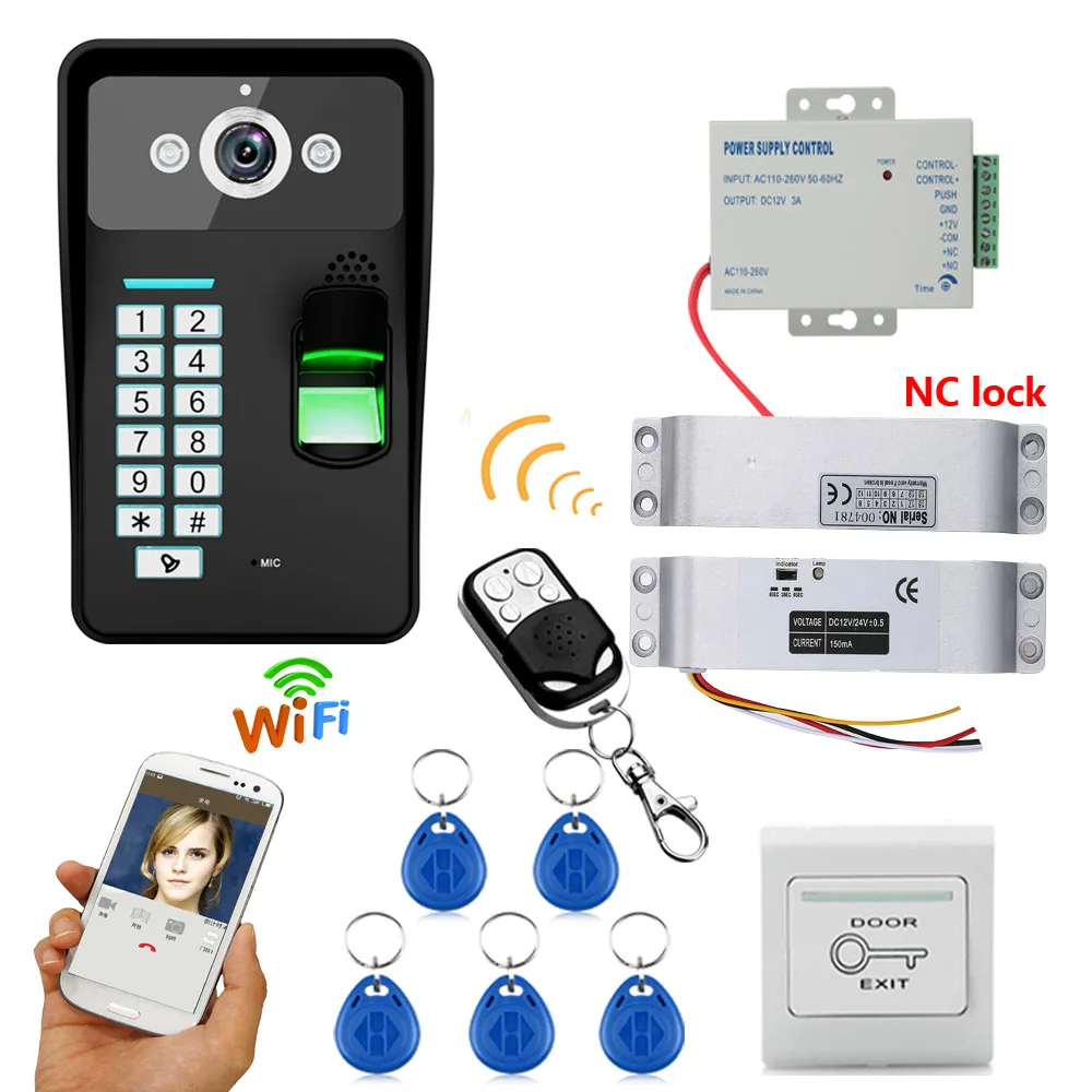 720P Wireless WIFI RFID Fingerprint Recognition Video Door Phone Doorbell Intercom System + Electric Drop Bolt Lock