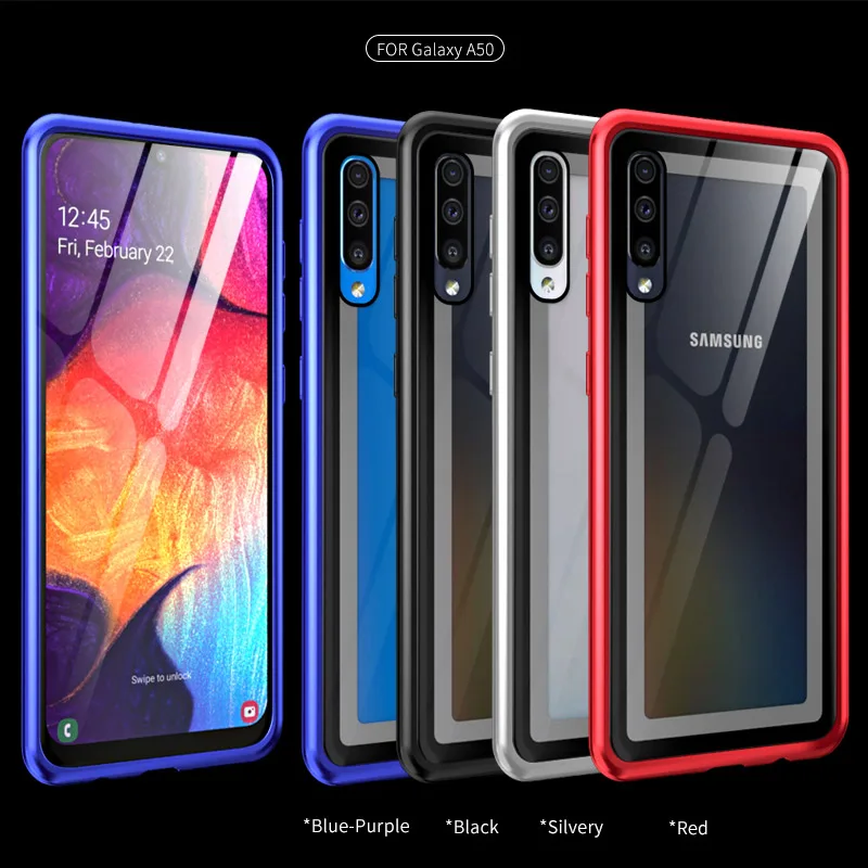 

Transparent Tempered Glass + Metal Frame Shockproof Phone Cases For Samsung Galaxy A10 A20 A30 A40 A50 Aluminum Protection Cover