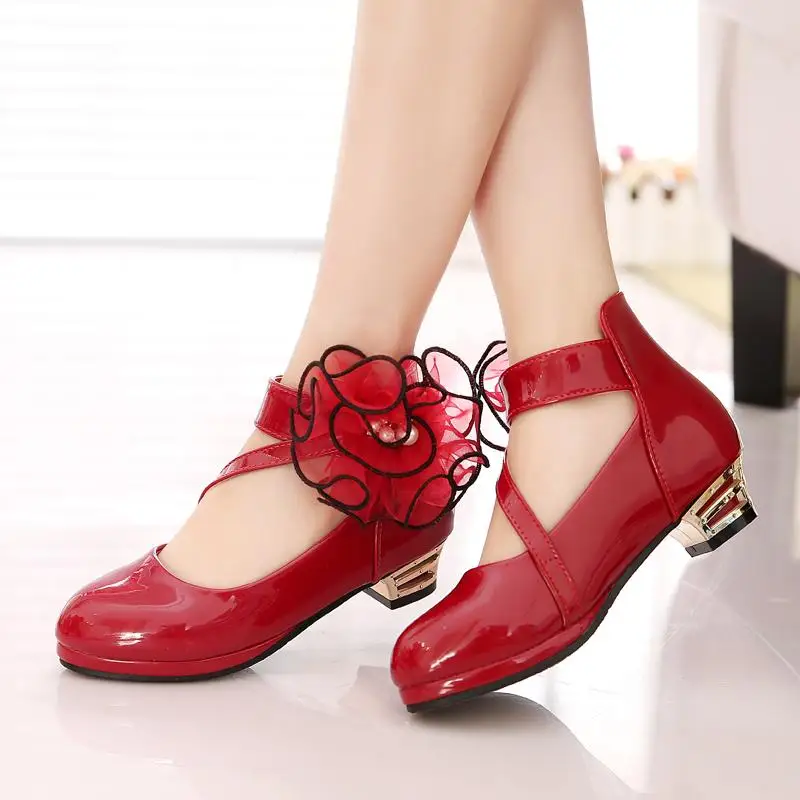 New Red High Heels With Princess Toddler Girl PU Leather Lace Pearl Big ...