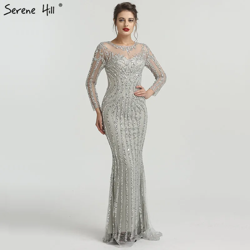 Серое роскошное блестящее вечернее платье с длинными рукавами, сексуальное вечернее платье с бисером из страз, Robe De Soiree BLA6591