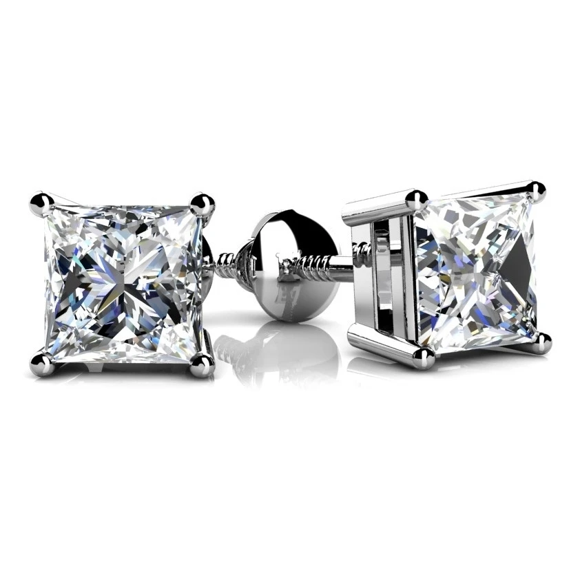 Princess Cut Natural Diamond Stud Earrings In 18k White Gold (2 Carat ,H-I I1)