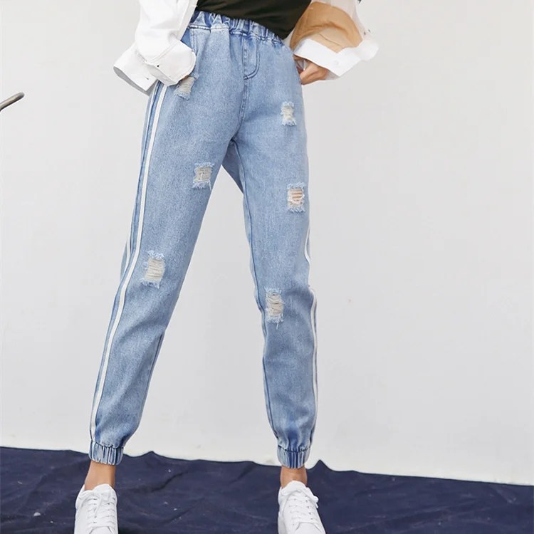 Женские джинсы с высокой талией,, корейский стиль, повседневные, в полоску, рваные, с эластичной резинкой на талии, синие, джинсовые штаны, брюки, джинсы, femme 3081 - Цвет: Небесно-голубой