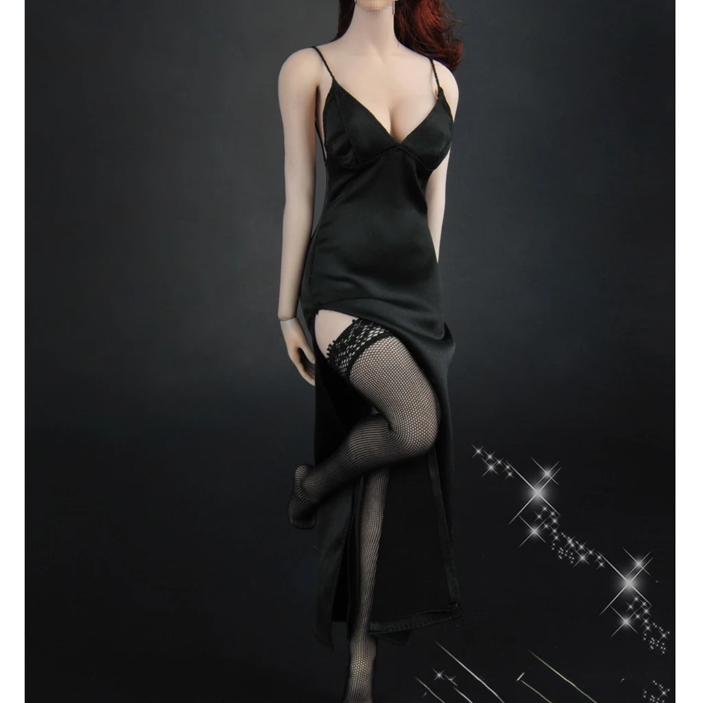 MagiDeal 1/6 ZY5025 Deep V Black Long Evening Dress Stockings Set for 12inch Female Figure Body Doll Accessories