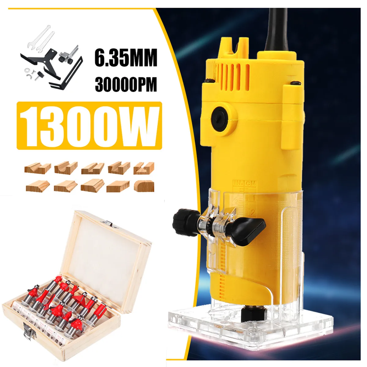 

1300W 30000RPM Electric Hand Trimmer Wood Laminate Palms Router Joiners 1/4" 1/2''Router Bits Woodworking Power Tools