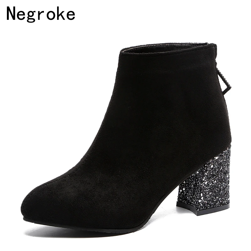 Tanie Moda kobiety buty flokowane, na wysokim obcasie 7CM botki kobiece cekiny kwadratowy obcas zimowe gumowe Botines buty Botines Mujer 2020