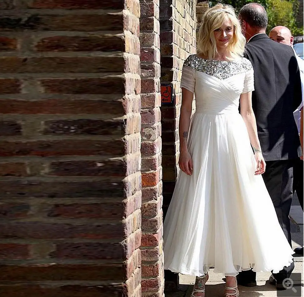 

Vestido de noiva ankle length chiffon wedding dress pleated beading crystals formal wedding gowns cap sleeve bride dress