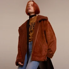 Новое поступление осень-зима негабаритных толстые длинные рукава из овечьей шерсти замшевое пальто искусственного из кожи овчины, байкерская куртка для женщин