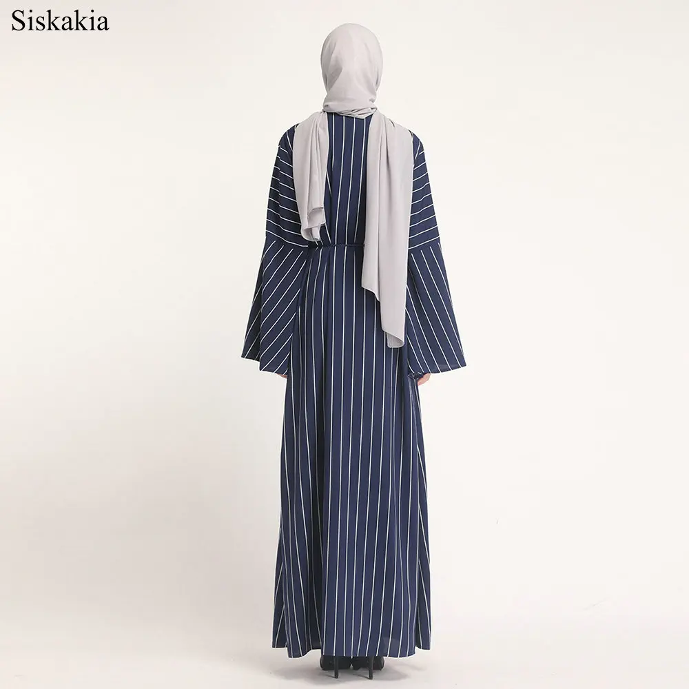 Siskakia Muslim Elegant Stripe Patchwork Single breasted Cardigan Robe Abaya Women Eid High Waist Flare Sleeve Slim Sashes Abaya (11)