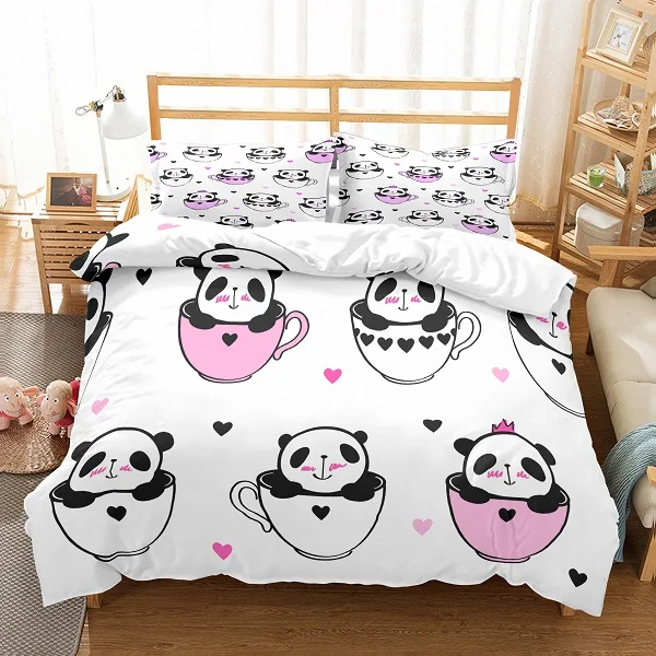 

2/3pcs Cute Panda Pink Love Microfiber Duvet Cover Set Pillowcase Green Plants 3D Print Bedding Set Animals Boy Bed Linen Set