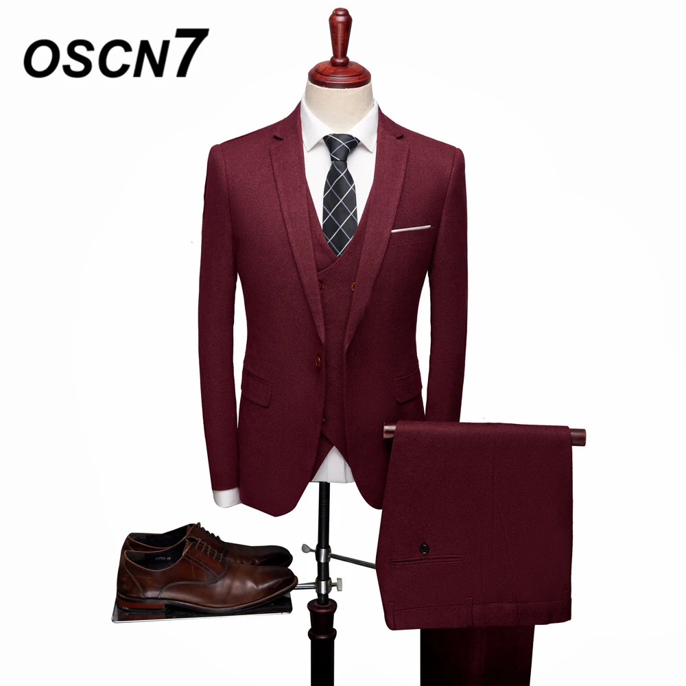 OSCN7 5 цветов зимние шерстяные толстые 3 предмета костюмы Для мужчин 2019 Формальные Повседневное Slim Fit костюм для мужчин смокинг Свадебные One