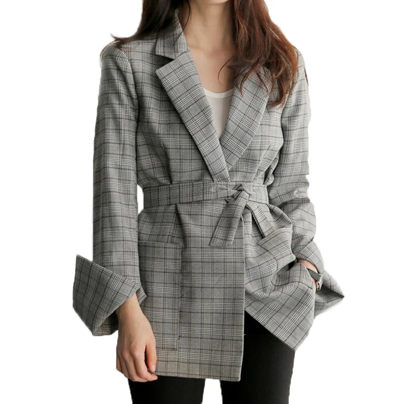 

Spring Autumn Women's Blazers New Fashion Classic Plaid Jackets Suit European Style Double Breasted Slim Lapel Gray Hot Blazer