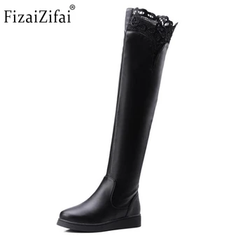 

Women Round Toe Flat Over Knee Long Boots Woman Fashion Lace Bootines Feminine Ladies Autumn Winter Shoes Footwear Size 34-43