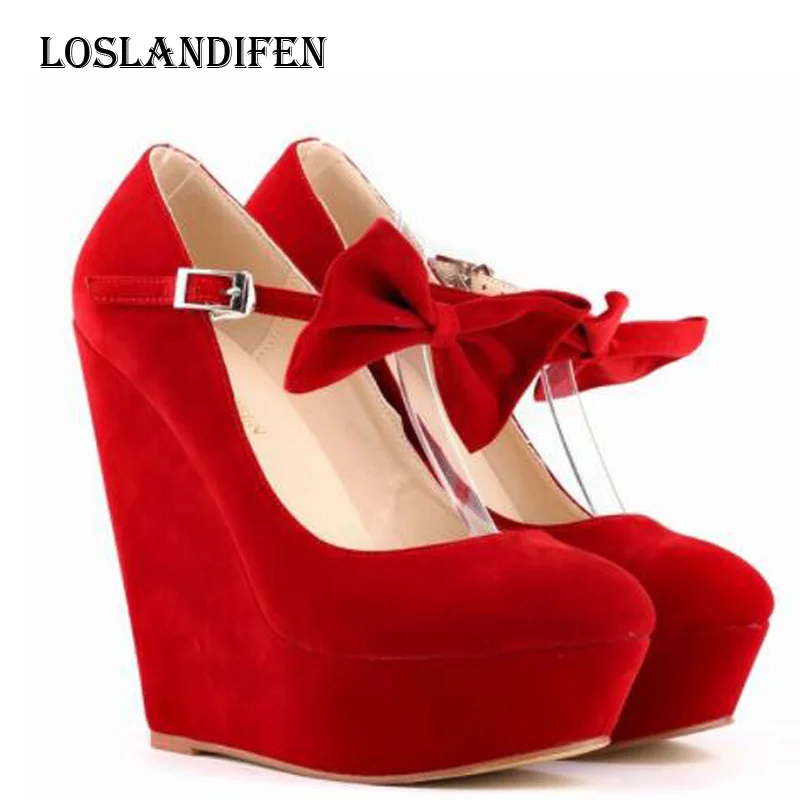 

Loslandifen Women Suede Platform Wedge Spring Autumn Party High Heel Shoes Ladies Ankle Buckle Bow Ties Daily Pumps
