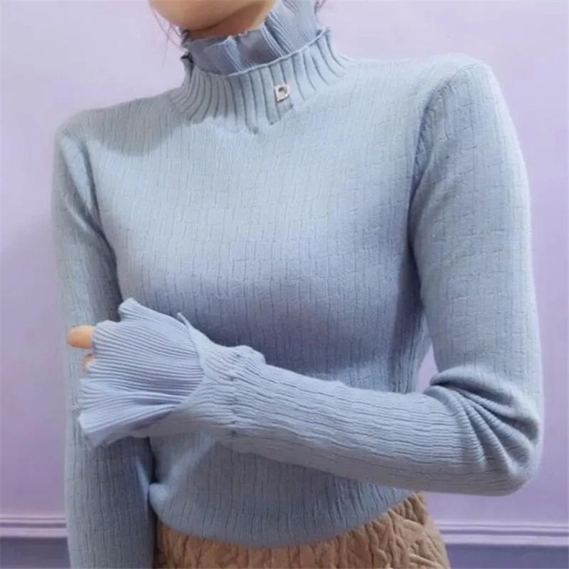 Женские пуловеры с гофрированным воротником на осень и зиму, вязаный эластичный Повседневный джемпер, модные облегающие зимние теплые женские свитера