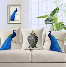 Blue Peacock Pillow Cover Geometric Linen Cotton Cushion Cover Home Decor Throw Pillows Decorative Pillowcase Pillowsham