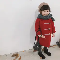 Детское красное пальто средней длины с роговыми пуговицами, однотонное плотное пальто с отворотом для маленьких и средних девочек, зима 2018