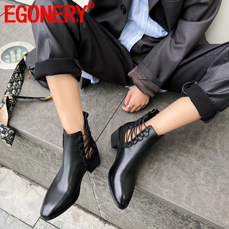 

EGONERY punk chelsea boots cool woman cow leather booties autumn 4.5cm mid heels shoes motorcycle boots hollow black beige boots