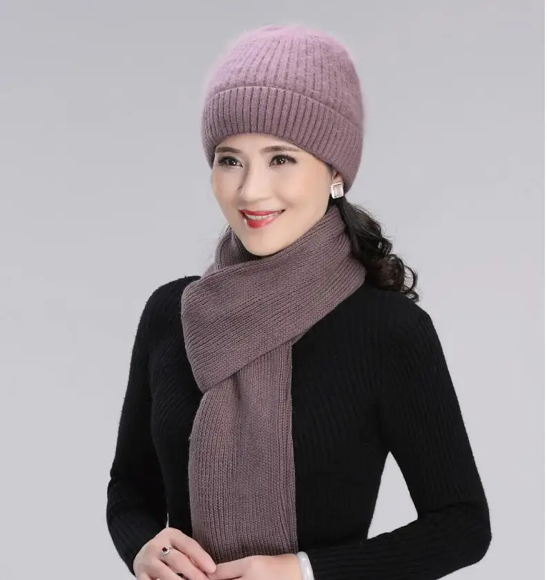 Зимняя вязаная шапка из кроличьей шерсти для женщин, теплый мягкий шарф для мамы среднего возраста, женские модные однотонные удобные