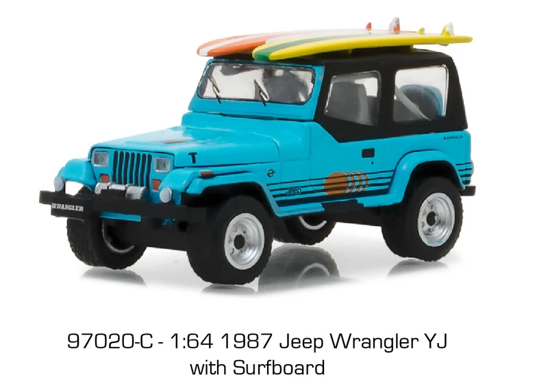 

Green Light 1:64 1987 Jeep Wrangler YJ with Surfboard boutique alloy car toys for children kids toys Model original box