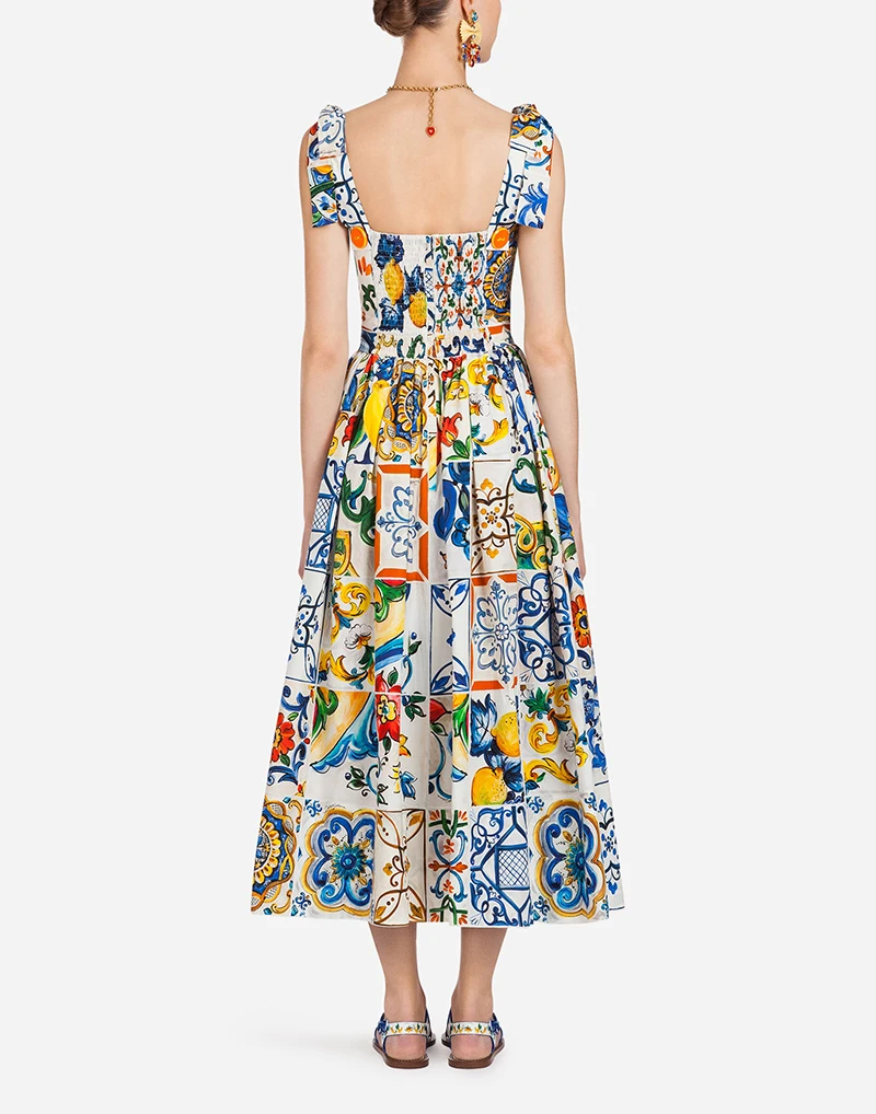 Pinkoz Мода Подиум летнее платье Спагетти ремень спинки синий и белый фарфор цветочный принт длинное платье