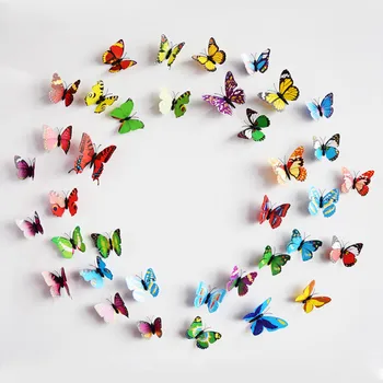 Urijk 12PCslot PVC Butterfly 3D Wall Stickers Wall Decals For Kids Room Wall Sticker Flower For Kitchen Colorful Home Decor