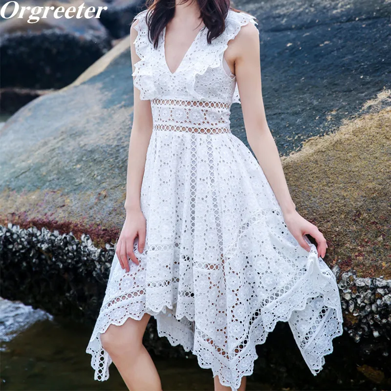 

High Quality Newest 2018 Runway Designer Summer deep V White beach dress Hollow Out irregular midi white lace dress Chic Dress