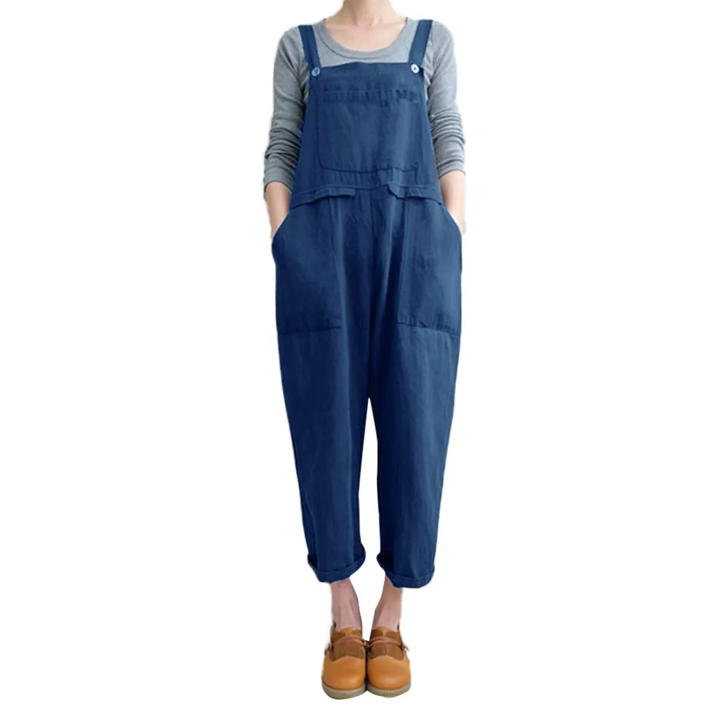 

Women Loose Cotton Linen Long Playsuit Plus Size Dungarees Girl Daily Casual Jumpsuit Solid Color Pocket Sleeveless Bodysuit #Y3